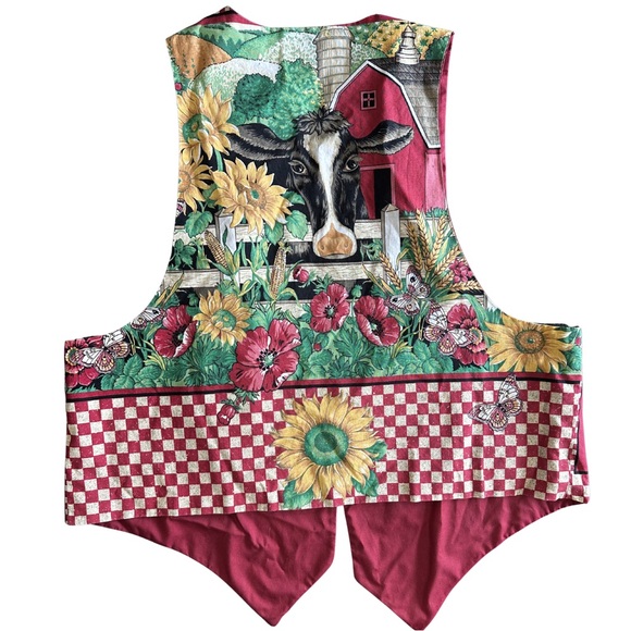 Vintage Cow Print Patchwork Vest Sunflower Farmhouse Cottagecore Red XL - Picture 5 of 6